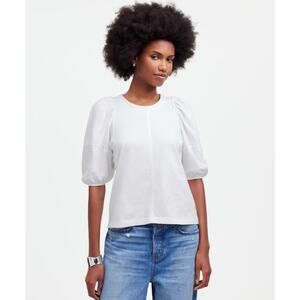 Madewell Puff-Sleeve Tee WMNS XS White Crew Neck Cotton Relaxed Fit Ruffle Trim